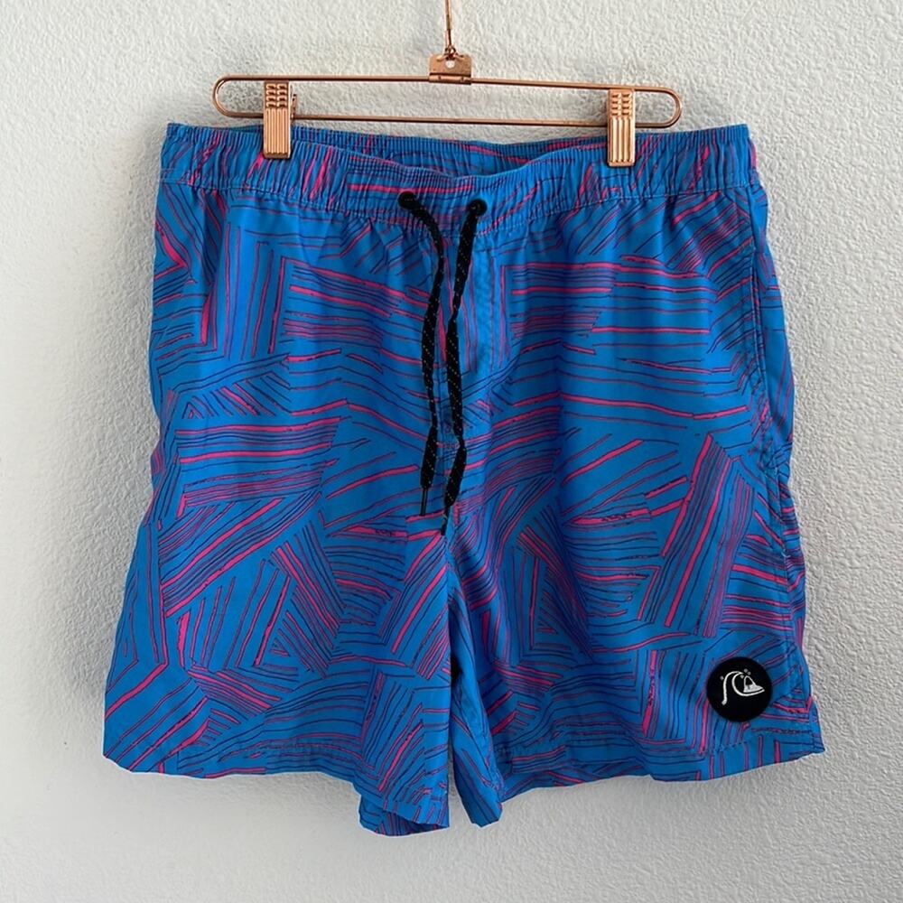 Quiksilver Volley Shorts Pink Blue Geometric Elastic Waist Casual Swim Hybrid L